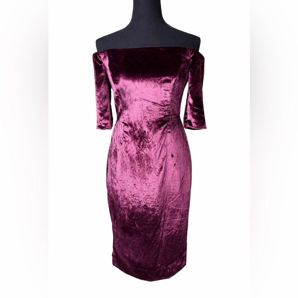 Milly‎ Burgundy Crushed Velvet Off Shoulder Cocktail Dress USA- Size 0